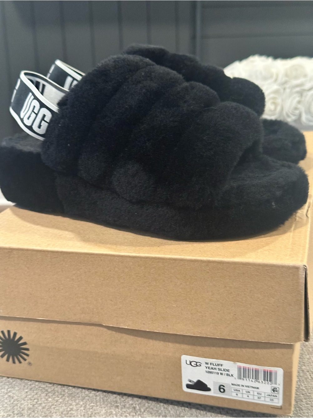 UGG Kids Black Fluff Slide with Branded Slingback